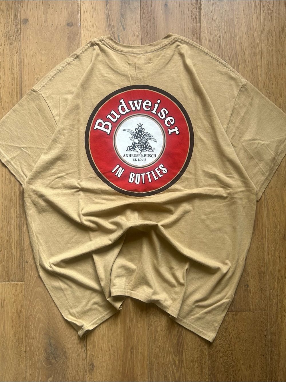 Budweiser Tan Tee with Red Logo Back Print